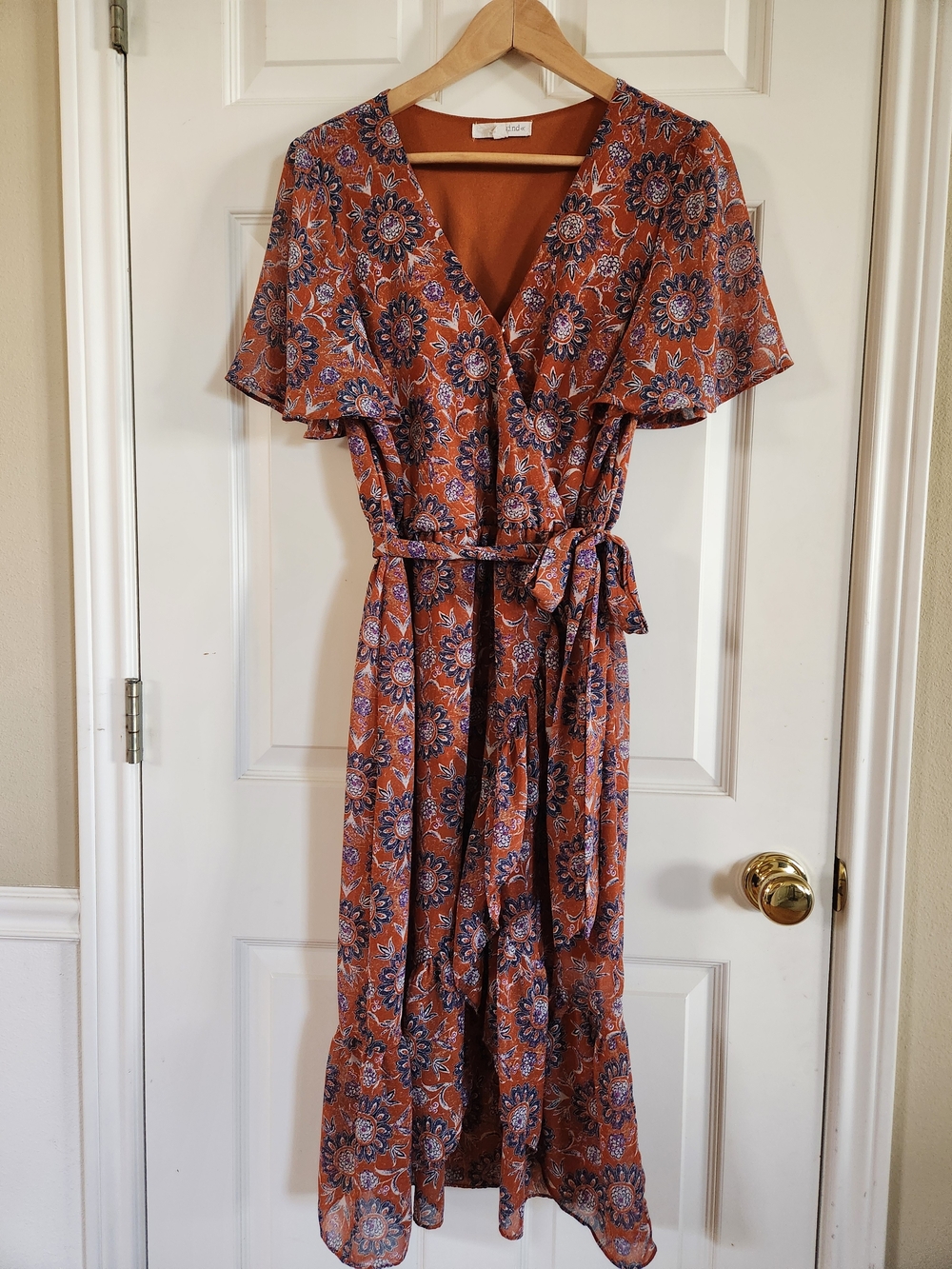 Rewind Rust Floral Tie-Waist Midi Dress